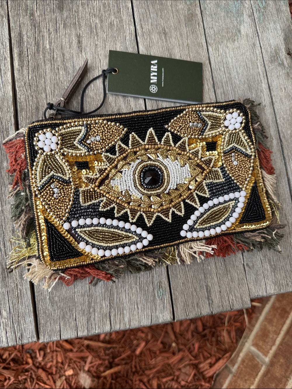 Myra Bag Black Gold Beaded Eye Embellished Wristlet Pouch with Fringe